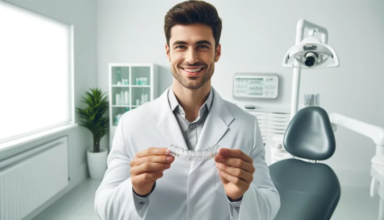 A professional San Diego Invisalign dentist holding clear aligners in a bright, modern dental office.